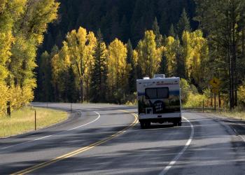 An RV drives through the forest surrounded by fall foliage