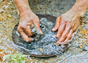 Panning for gold in a river