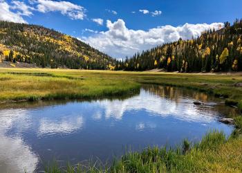 Fall colors showing on the hillsides above the Fremont River in Zedd’s Meadow on the Fishlake National Forest
