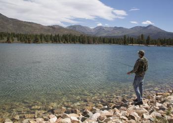 A person fishing off of the lake shore with mountains in the background
