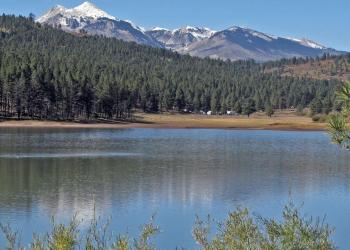 A small lake with trees and mountains in the background.