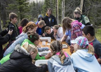 a group of kids gather around a picnic table and look at educational supplies