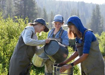 Three people stand in waders and dump water into a scientific device meant to measure sediment. 