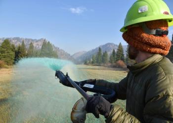 A person uses a large machine to spray green colored seed on a remote airstrip.