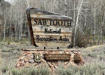 A trapezoidal, reclaimed wood sign engraved with the word Sawtooth in a serif font and the words National Recreation Area in script is mounted to two metal poles extending from a stone base. The sign is surrounded by sage vegetation and an aspen stand provided the backdrop.