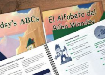 A collection of books are laid out on a surface. The spiral bound book on top is open to a lesson plan for teachers.
