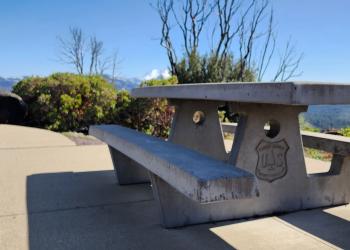 A Forest Service branded, concrete picnic table, on a sidewalk at the Hat Creek Rim Overlook. Shrubs and greenery behind the table and blue skies and mountains in the distance.