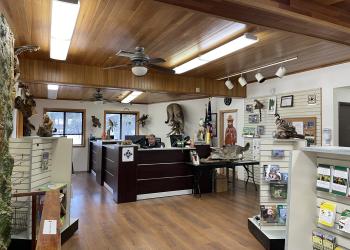 Lobby area of Almanor Ranger District. Man sitting behind desk. Wood floors and ceiling. Books, maps, and other items for sale on shelves. Images and taxidermy of different wildlife on display.