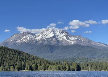 Mount Shasta with trees and Lake Siskiyou in the foreground