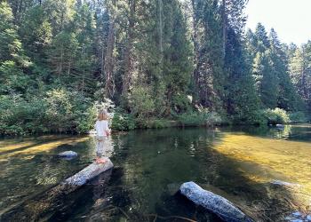 A young child stands on a rock in the middle of the Stanislaus River while fishing.