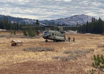 A helicopter is staged in the middle of a meadow with soldiers walking up to it and mountains in the background
