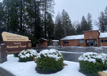 An office building covered in snow.