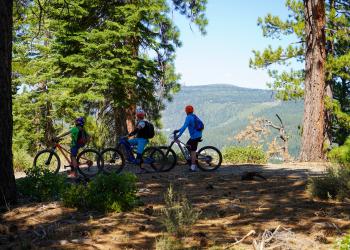 A family riding bikes on a trail. 