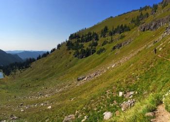 green valley with dispersed rocks and a lake in the background.