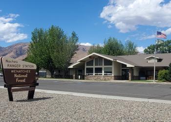 Sign in front of the Naches Ranger District office in Naches, Washington.