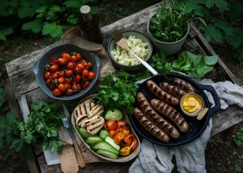 A table is covered in dishes of food for a picnic