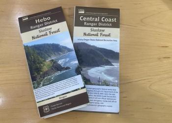 Siuslaw National Forest Hebo Ranger District and Central Coast Ranger District paper recreation maps.