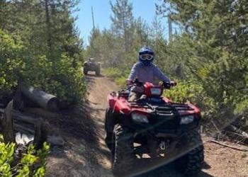 Individual riding an ATV on a trail, surrounded by trees