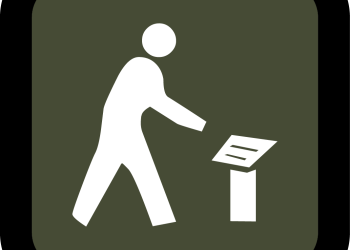 A cartoon of a person in front of a sign.