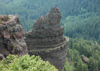 A rock formation with trees in the background.