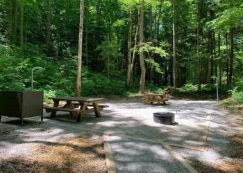 A wooden picnic table, lantern poles and fire ring on a gravel campsite pad surrounded by mature forest.