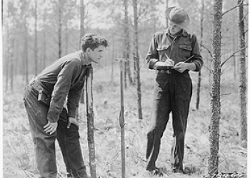 Black and white photo of two men working in the forest