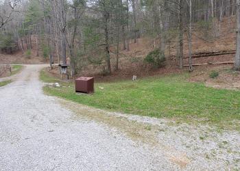 Road leading out of campground showing bear-proof trash can. 