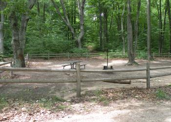 A campsite with wooden rails around it and a firepit and picnic table in the center.