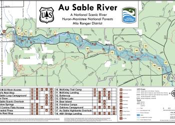 A map showing the locations of camping sites along the Au Sable River.