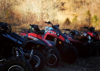 row of ATVs lined up at a trailhead