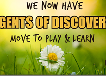 WE now have agents of discovery move to play & learn lettering in black and gold with a white daisy and green grass in backgorund