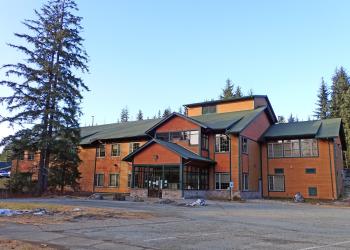 JRD brown building, windows, green roof, parking lot, large green tree