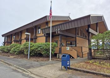 brown building, brown roof, blue US mailbox, green bushes, flag pole with American flag flying, 1 street light