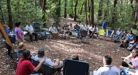Circle gathering of participants for discussions.