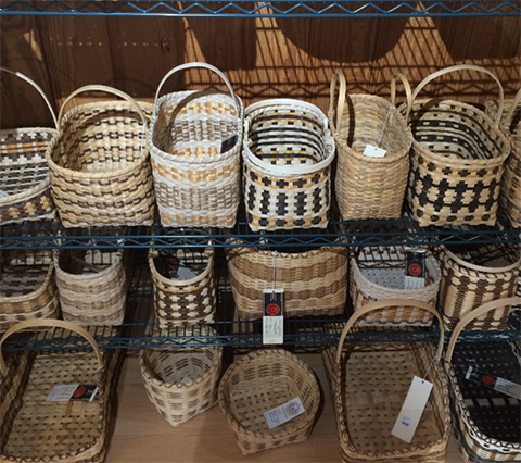 White oak baskets on display at Qualla Arts and Crafts.