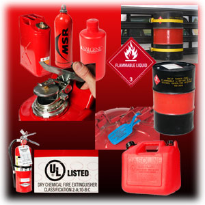 Photo collage showing a variety of fuel containers and safety devices for transport of flammable liquids.