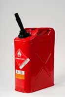 Picture of a red California Air Resource Board compliant military-style metal jerrican.