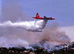 Photo of an Aero Union SP-2H plane dropping fire retardant over a forest fire.