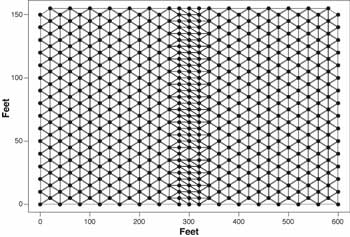 Drawing of a grid of triangles representing triangulation in the test grid.