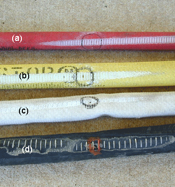 Four different hardline hoses shown in detail, marked points after abrasion test, and labeled as a, b, c, and d.