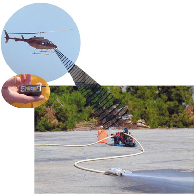 The complete system, consisting of the pump, battery pack, receiver and 2 flashing strobe beacons. The strobes are connected with extendable, coiled cord allowing them to be placed where they are most conspicuous.