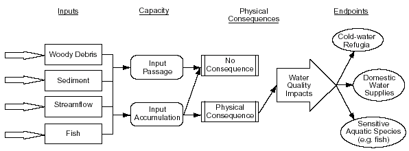 A conceptual model of environmental risk at road-stream crossings. Each component of risk—inputs, capacity, consequences, and endpoints—is relevant to the composite environmental risk of single crossings as well as the cumulative effects of all crossings in a watershed.