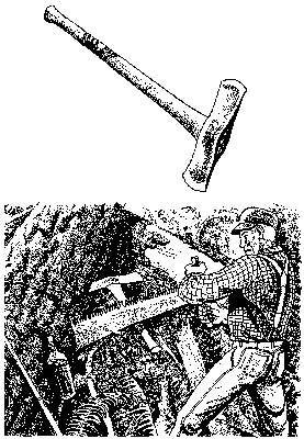[photo] Cartoon of a man using a double-bit ax for bucking