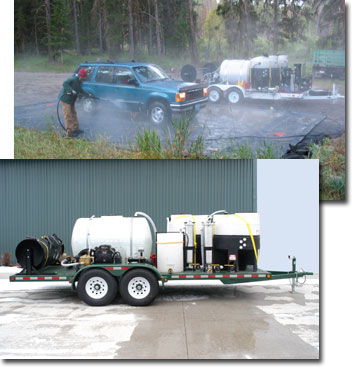 [photo] Collage of two photos. The top photo shows a man using the portable vehicle washer to spray a blue van. The bottom photo shows the portable vehicle washer mounted on a wheeled platform.