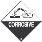 Image of a diamond-shaped hazard material placard that is white on the top half and black on the bottom half and reads: CORROSIVE. The number 8 is located at the bottom corner of the sign and an image signifying a hand handling chemicals sits at the top corner.