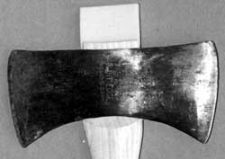Photo of an ax with a wedge started in kerf.