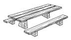 Illustration of an accessible picnic table with lumber top, detached benches, and stone supports.