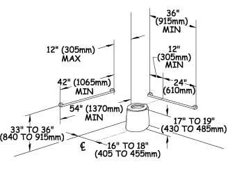 Schematic illustration of the inside of a pit toilet. The design illustrates required grab bar locations and dimensions explained in the paragraphs above and below.