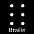 Illustration of six dots, with three dots located side-by-side in two columns. Below the dots is text that reads: Braille.