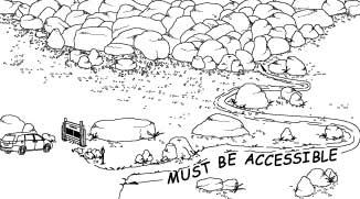 Illustration of a van parked at a trailhead and a trail winding quite a distance to a boulder field, where the trail becomes indistinct. Text indicates the trail must be accessible from the parking lot to the boulder field.
